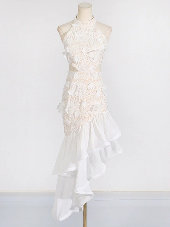 Rochie de seară lungă în stil franțuzesc cu broderie și volane, poliester, imprimeu floral