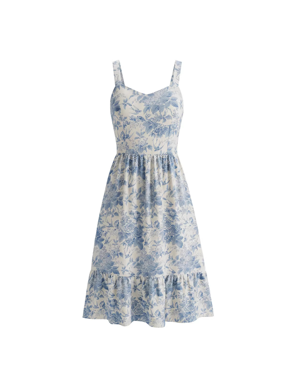 Rochie cu bretele, imprimeu floral 3D, talie înaltă, fustă lungă, din poliester elastic