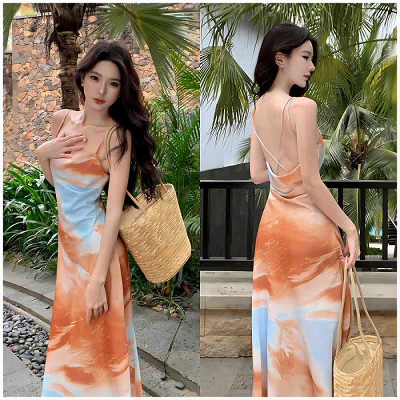 Haljina za plažu u stilu godišnjeg odmora s elegantnim dojmom, naglašeni struk i silueta ribe, tie-dye party haljina u zrelom stilu, prilagodljiva silueta