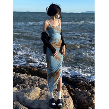 rochie midi A-line cu bretele spaghetti - poliester tie-dye, talie înaltă, vară 2025