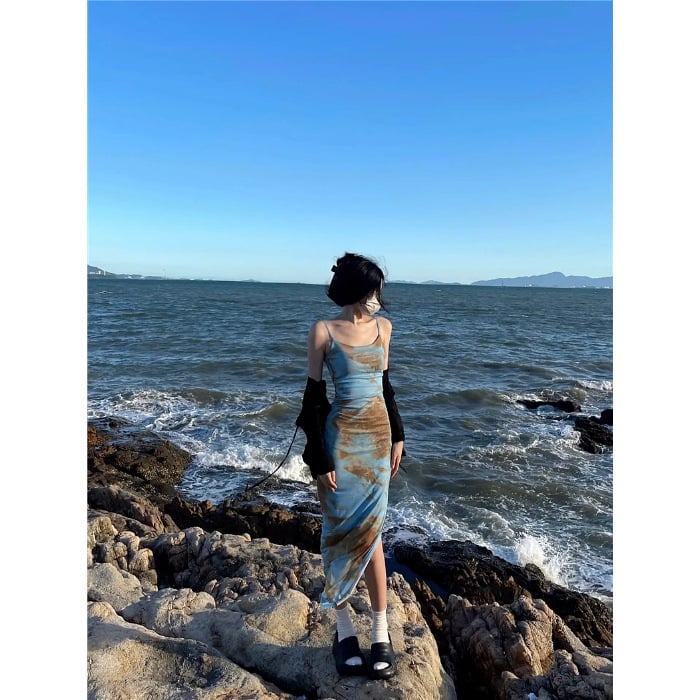 rochie midi A-line cu bretele spaghetti - poliester tie-dye, talie înaltă, vară 2025