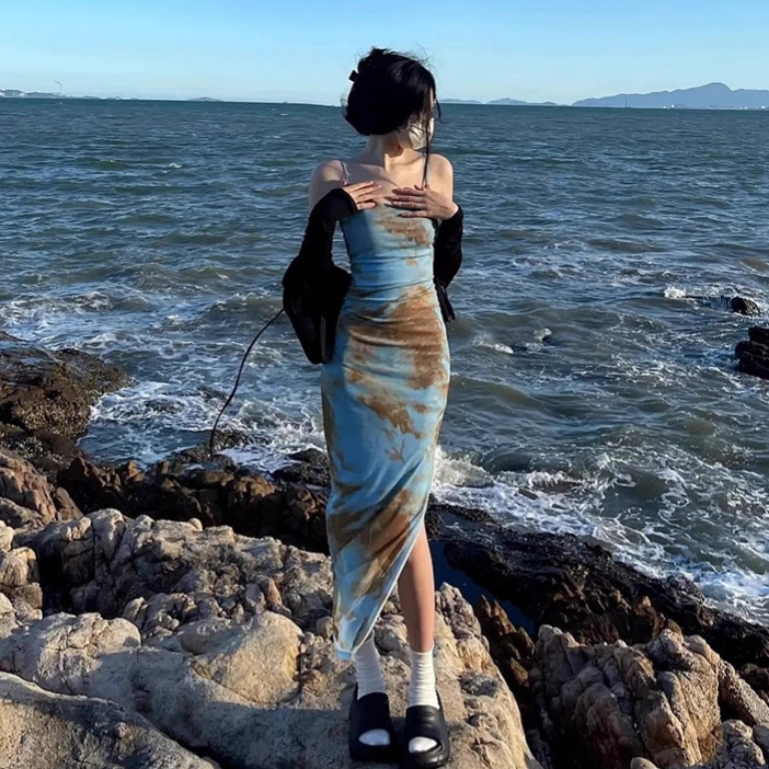 rochie midi A-line cu bretele spaghetti - poliester tie-dye, talie înaltă, vară 2025