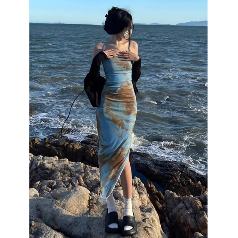 rochie midi A-line cu bretele spaghetti - poliester tie-dye, talie înaltă, vară 2025