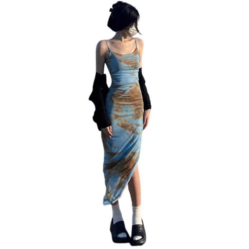 rochie midi A-line cu bretele spaghetti - poliester tie-dye, talie înaltă, vară 2025