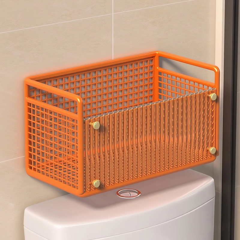 WC fölötti falra szerelhető polc papírzsebkendő és nedves törlőkendő tárolására – függő, vas és akril anyagból, 1 réteg, modern minimalista stílus