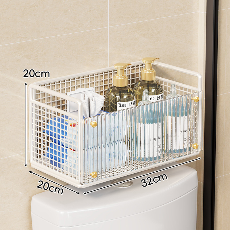 WC fölötti falra szerelhető polc papírzsebkendő és nedves törlőkendő tárolására – függő, vas és akril anyagból, 1 réteg, modern minimalista stílus