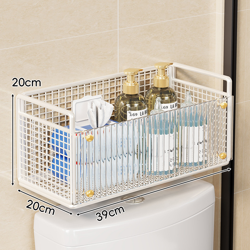 WC fölötti falra szerelhető polc papírzsebkendő és nedves törlőkendő tárolására – függő, vas és akril anyagból, 1 réteg, modern minimalista stílus