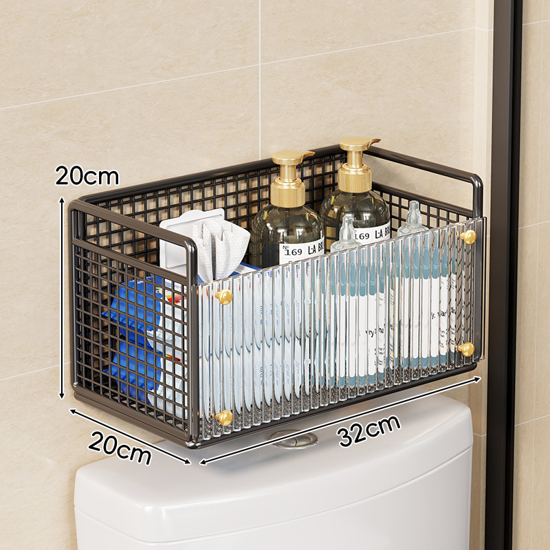 WC fölötti falra szerelhető polc papírzsebkendő és nedves törlőkendő tárolására – függő, vas és akril anyagból, 1 réteg, modern minimalista stílus