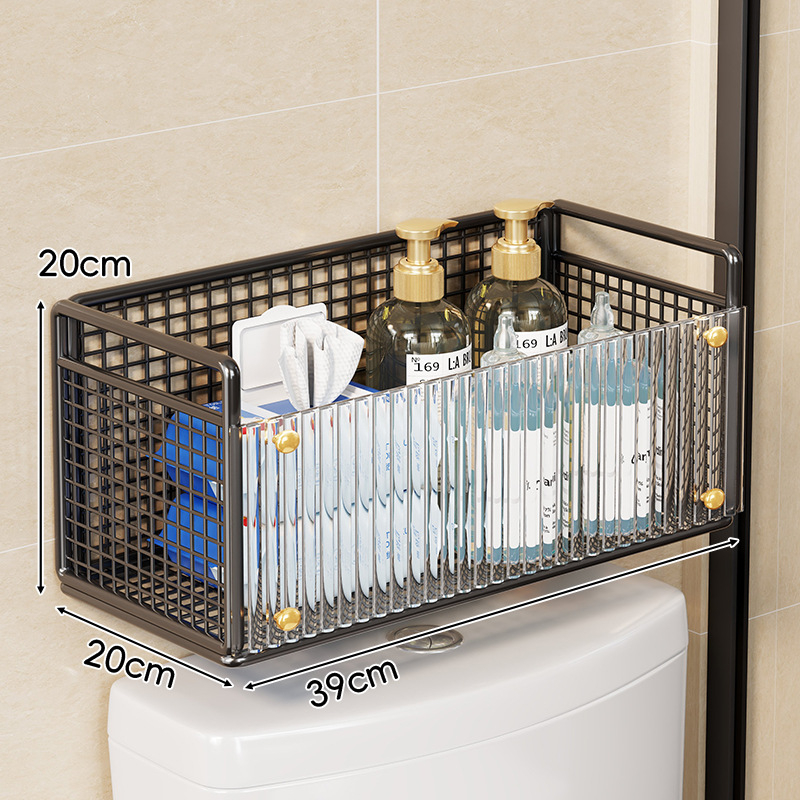 WC fölötti falra szerelhető polc papírzsebkendő és nedves törlőkendő tárolására – függő, vas és akril anyagból, 1 réteg, modern minimalista stílus