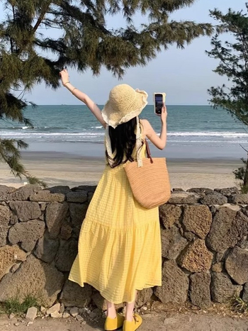 Poliester haljina s kariranim uzorkom, A-linija, okrugli izrez, bez rukava