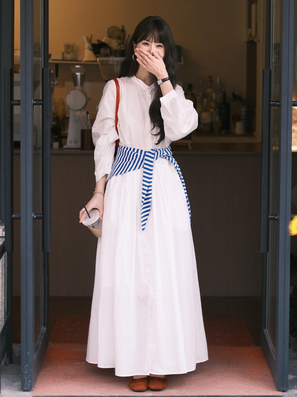 Ingruha galléros kerek nyakú, hosszú ujjú, magas derék, közepes-hosszú, anyag 50% lyocell, 50% pamut