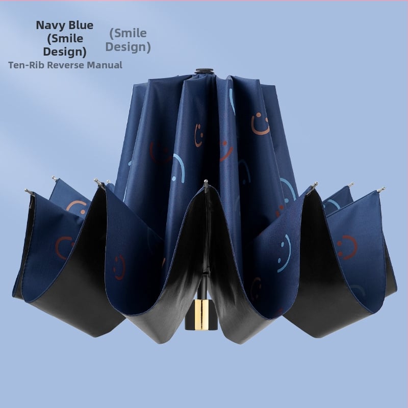 Чадър за дъжд и слънце с 10 ребра, трисгъваем дизайн, ръчно отваряне, метални ребра и стълб, пластмасова дръжка, плат 190T с винилово покритие, UPF >50