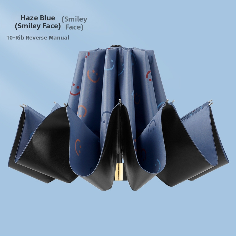 Чадър за дъжд и слънце с 10 ребра, трисгъваем дизайн, ръчно отваряне, метални ребра и стълб, пластмасова дръжка, плат 190T с винилово покритие, UPF >50