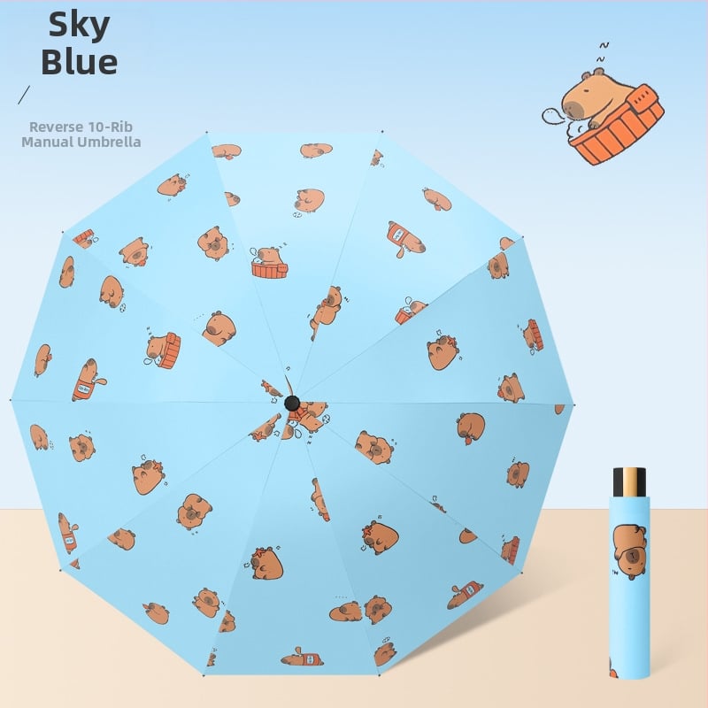 Чадър за дъжд и слънце с 10 ребра, трисгъваем дизайн, ръчно отваряне, метални ребра и стълб, пластмасова дръжка, плат 190T с винилово покритие, UPF >50