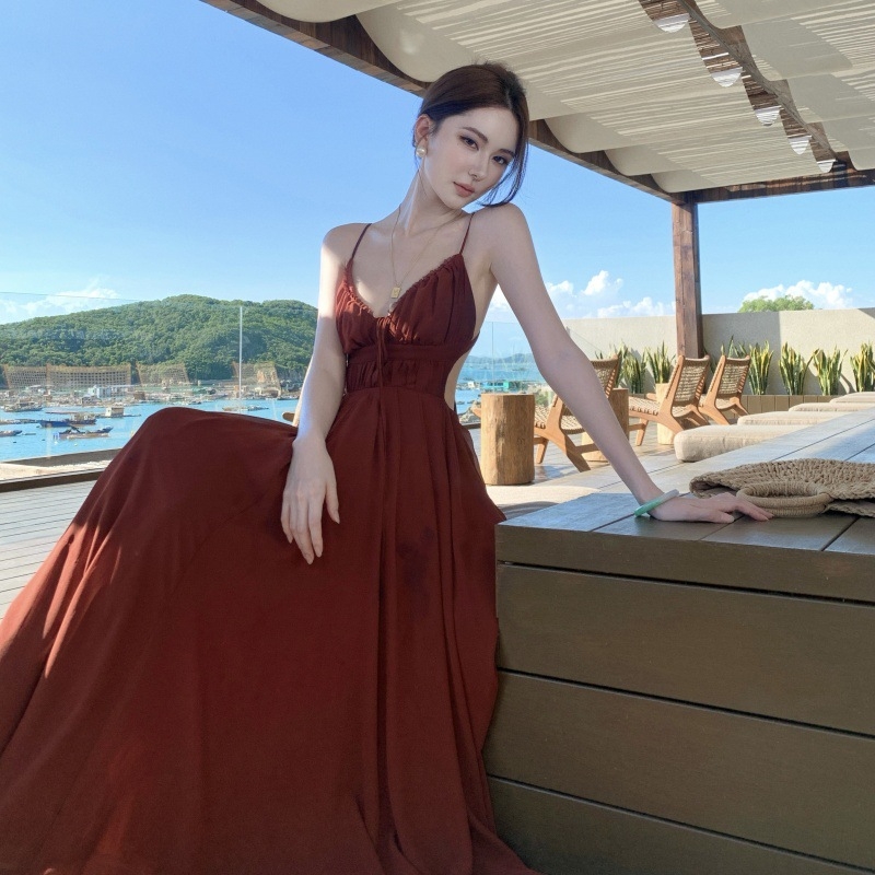 Duga plažna haljina s V-izrezom, bez rukava, A-linijski kroj, elastični pojas, jednobojna, poliester-viskozna smjesa