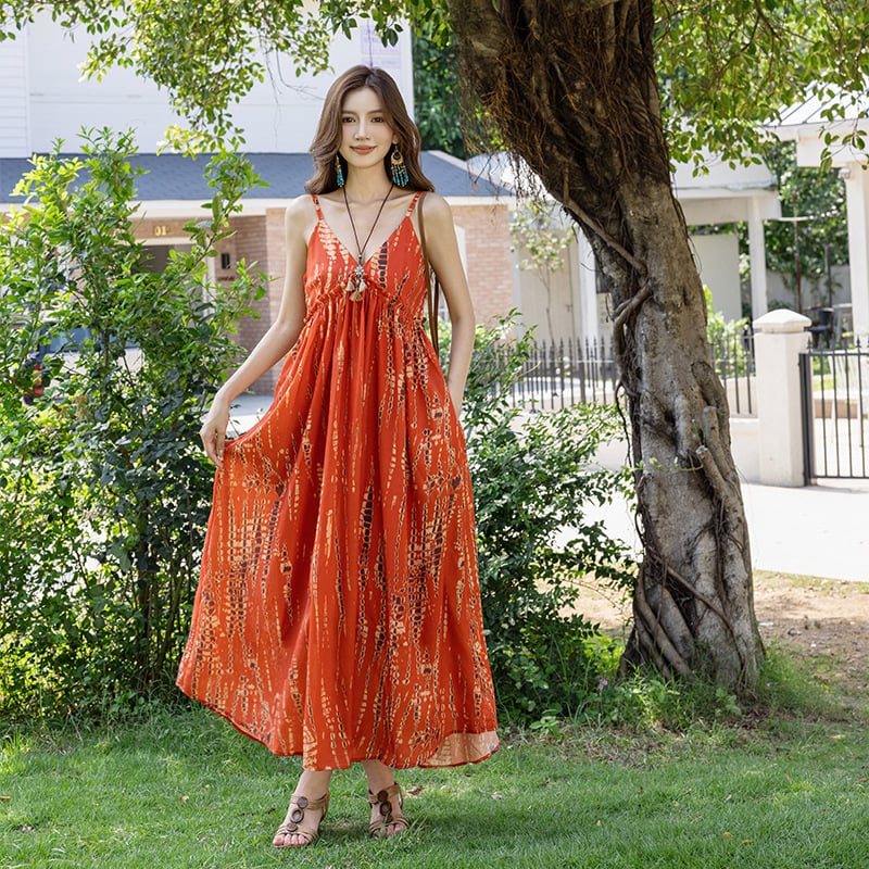 Boemska duga suknja, camisole stil, odmor stil, visoki struk, A-linija kroj, poliester s elastanom