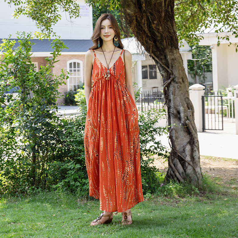 Boemska duga suknja, camisole stil, odmor stil, visoki struk, A-linija kroj, poliester s elastanom