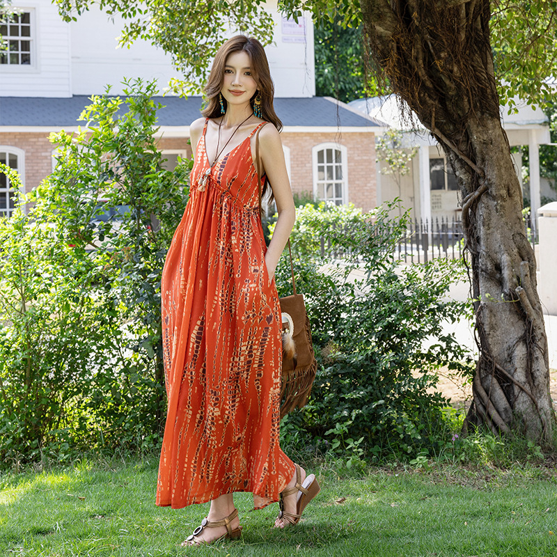 Boemska duga suknja, camisole stil, odmor stil, visoki struk, A-linija kroj, poliester s elastanom