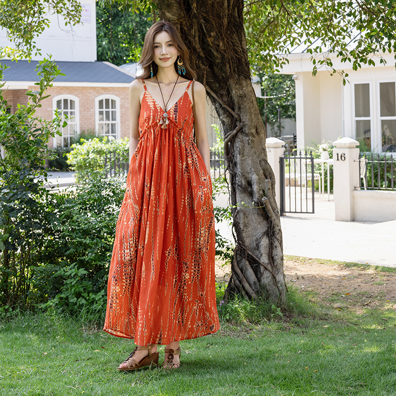 Boemska duga suknja, camisole stil, odmor stil, visoki struk, A-linija kroj, poliester s elastanom