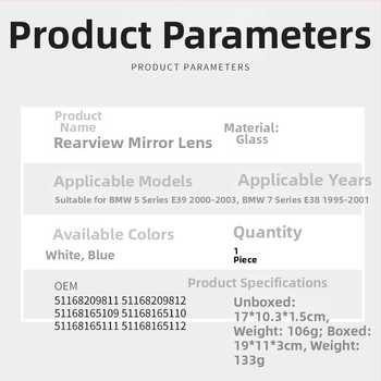 CZPINCHEN Snap-on за BMW 5 Series E39 задно огледало, модел 51168209811/51168209812, стъклено огледало