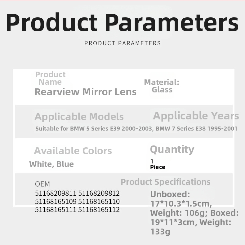 CZPINCHEN Snap-on за BMW 5 Series E39 задно огледало, модел 51168209811/51168209812, стъклено огледало