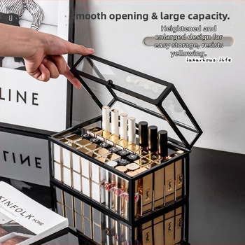 Asztali rúzs-tároló fedéllel, üvegből, többszintes polc