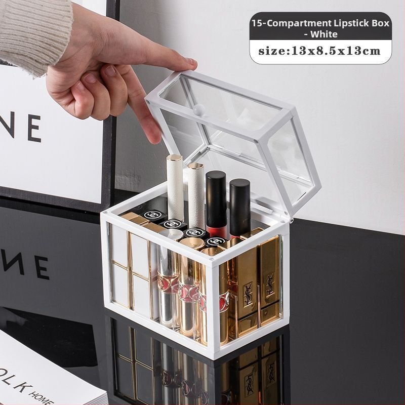 Asztali rúzs-tároló fedéllel, üvegből, többszintes polc