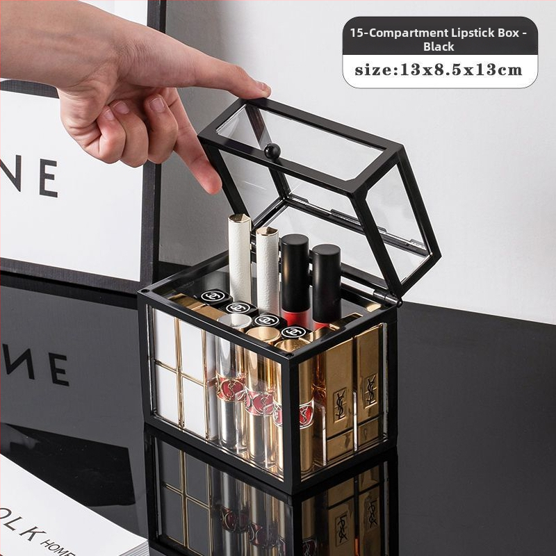 Asztali rúzs-tároló fedéllel, üvegből, többszintes polc