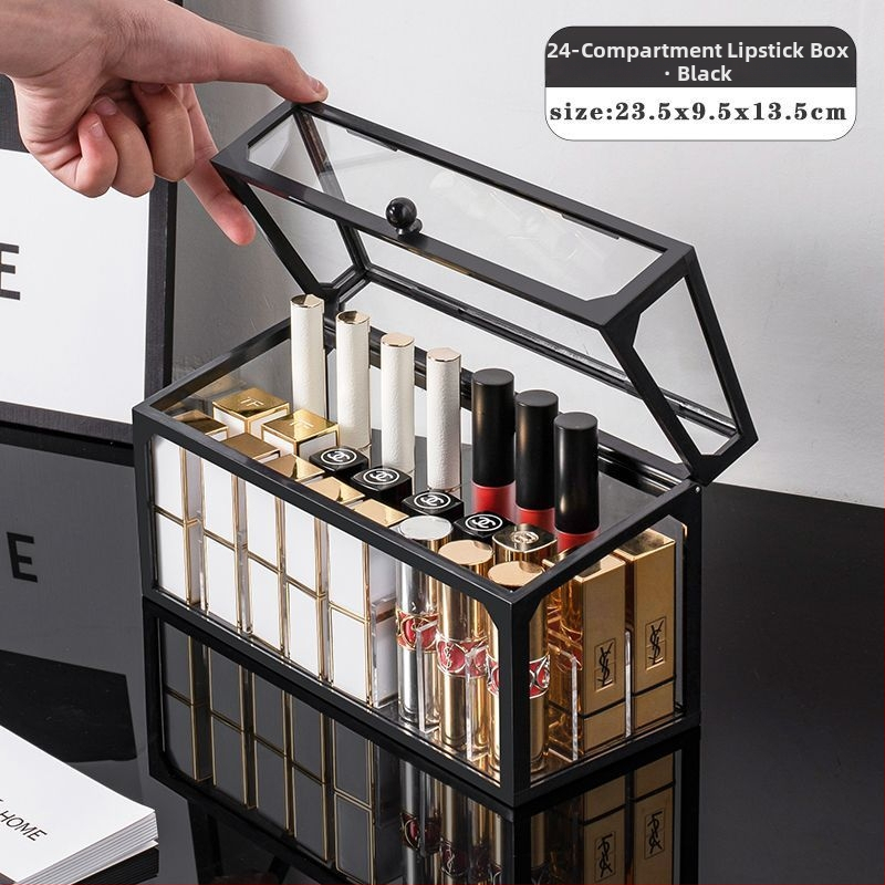 Asztali rúzs-tároló fedéllel, üvegből, többszintes polc