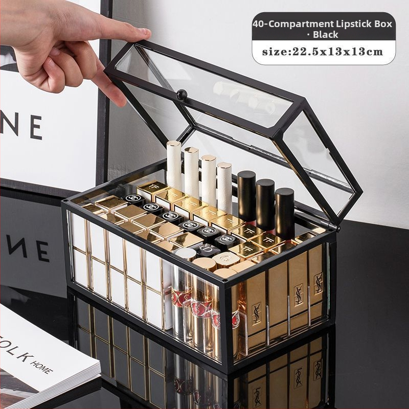 Asztali rúzs-tároló fedéllel, üvegből, többszintes polc