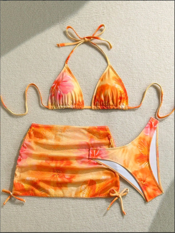 Bikini set od tri dijela s pokrovom, cvjetni uzorak, gornji dio s ojačanjem bez podstave, poliester
