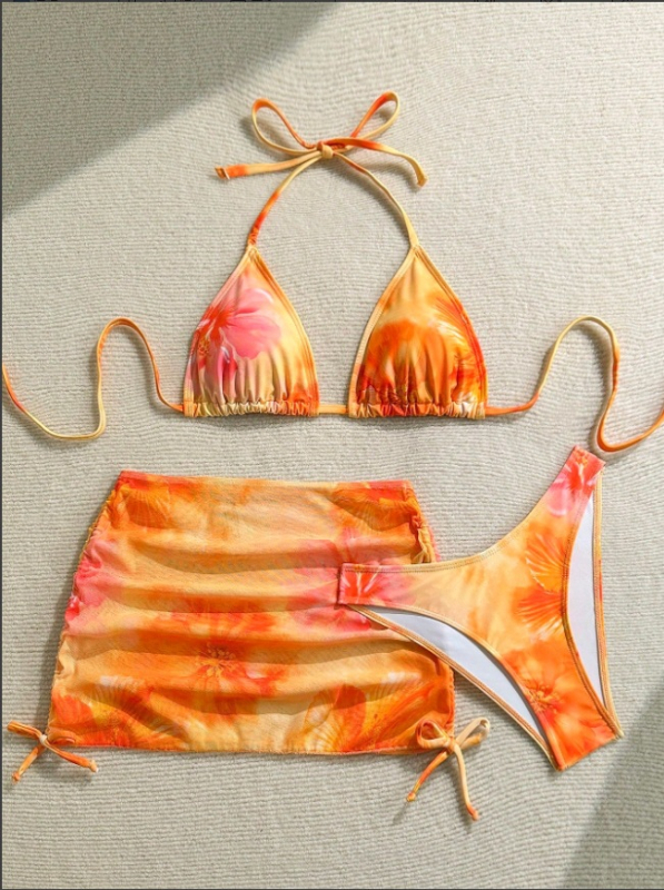 Bikini set od tri dijela s pokrovom, cvjetni uzorak, gornji dio s ojačanjem bez podstave, poliester