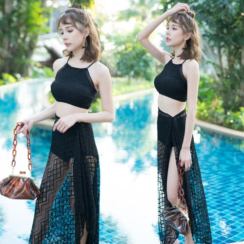 Ženski trodijelni kupaći kostim s čipkom, seksi korejski stil, visok struk za prekrivanje trbuha, jastučići u košaricama, bez žičane potpore, Nylon/Polyester (300 g)