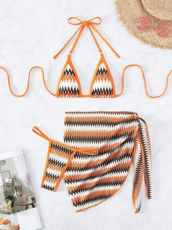 Troje dijelni bikini set s valovitim printom i vezanjem na bikini top, jastučići za prsa, poliester tkanina i podstava od spandexa