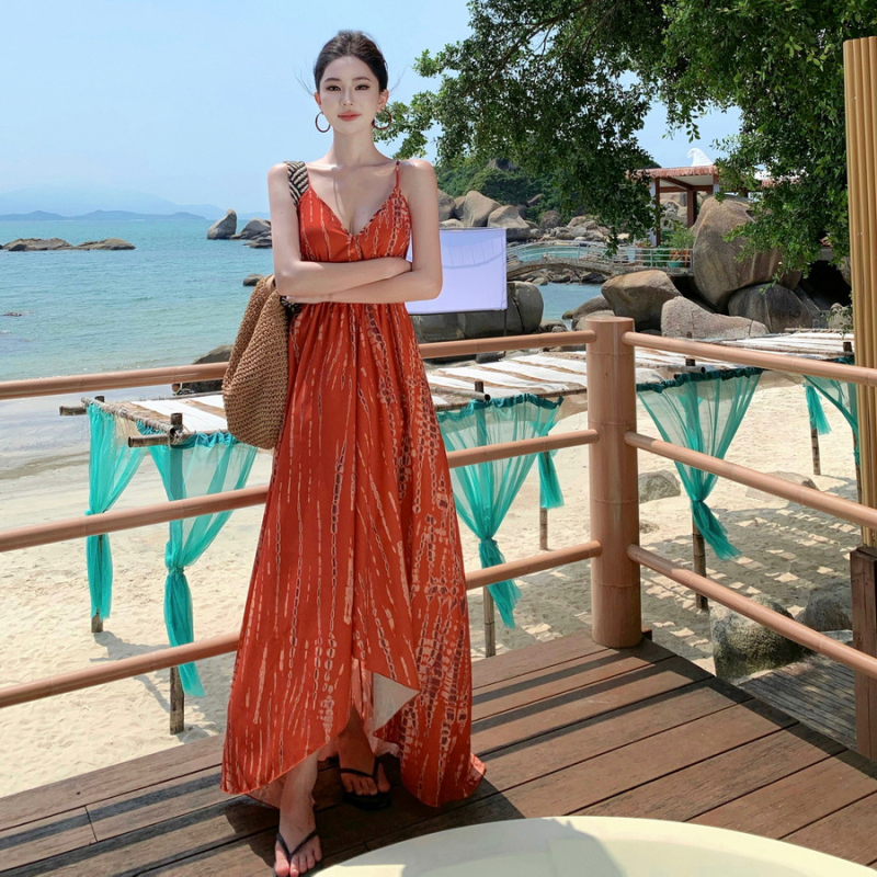 Boho stil haljina za odmor od poliestera, A-linije kroja, srednje duljine, bez rukava, V izrez