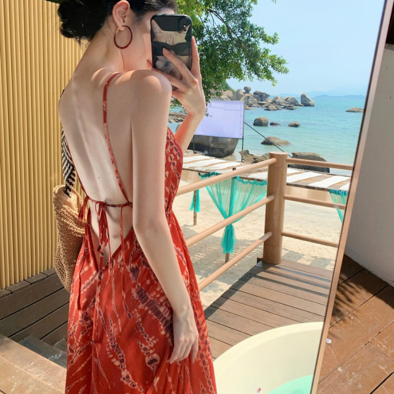 Boho stil haljina za odmor od poliestera, A-linije kroja, srednje duljine, bez rukava, V izrez