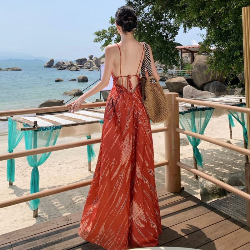 Boho stil haljina za odmor od poliestera, A-linije kroja, srednje duljine, bez rukava, V izrez