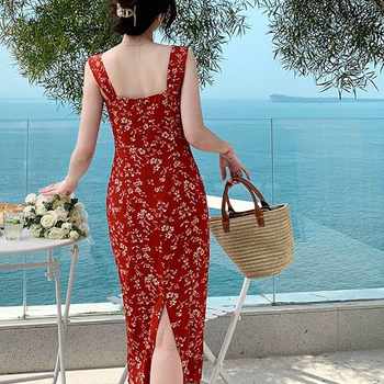 Ženska slip dress s V-izrezom, bez rukava, visokim strukom, poliester, cvjetni uzorak