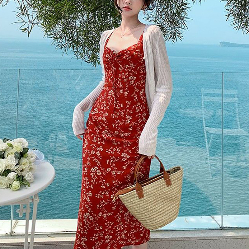 Ženska slip dress s V-izrezom, bez rukava, visokim strukom, poliester, cvjetni uzorak