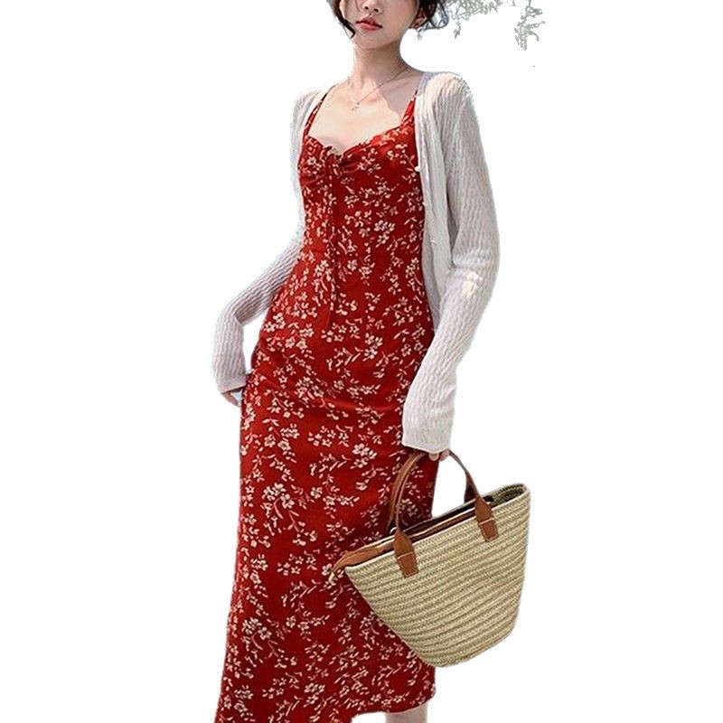 Ženska slip dress s V-izrezom, bez rukava, visokim strukom, poliester, cvjetni uzorak