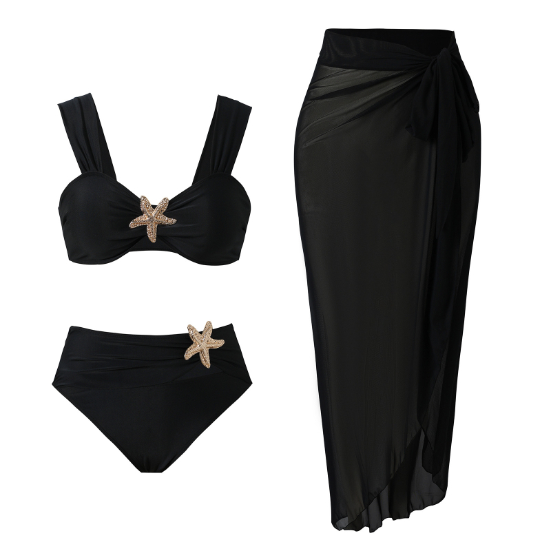 Ženski bikini set od tri dijela s metalnim detaljima, jednobojan