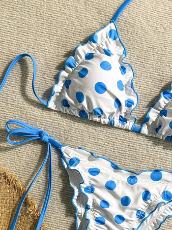 Ženski bikini set s točkasti uzorkom, s napunjenim košaricama, od poliestera, bez metalne potpore, bez remena