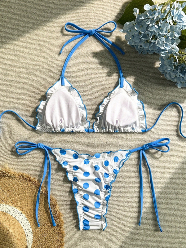 Ženski bikini set s točkasti uzorkom, s napunjenim košaricama, od poliestera, bez metalne potpore, bez remena