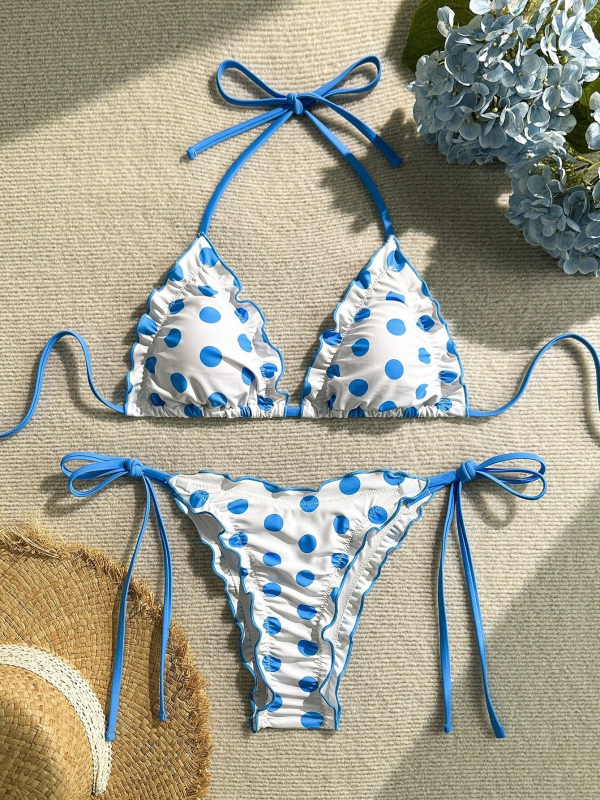 Ženski bikini set s točkasti uzorkom, s napunjenim košaricama, od poliestera, bez metalne potpore, bez remena