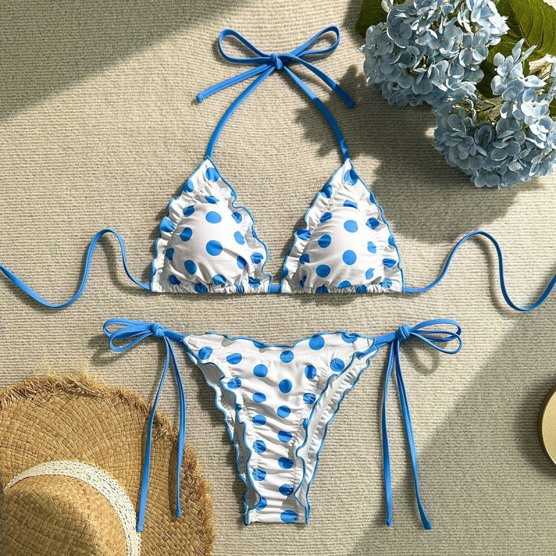 Ženski bikini set s točkasti uzorkom, s napunjenim košaricama, od poliestera, bez metalne potpore, bez remena