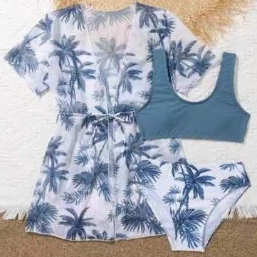 Trojedini dječji bikini s visokim strukom – poliester, podstava od spandeksa, uzorak prugasti ili mrežasti, za plivanje