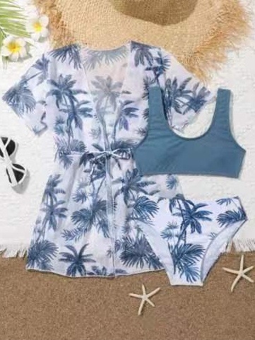 Trojedini dječji bikini s visokim strukom – poliester, podstava od spandeksa, uzorak prugasti ili mrežasti, za plivanje