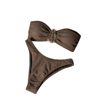 3-dijelni bikini set: top bez naramenica, gaćice visokog struka, dugački prekrivni set s prorezom; umetak za poprsje uključen
