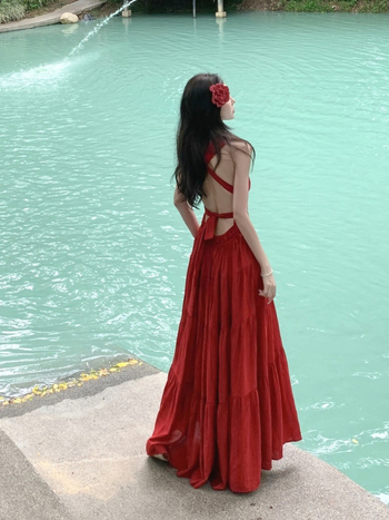 Váll nélküli strandruha, V-nyakú, hát nélküli, hosszú pántos szoknya, pamut-poliészter keverék