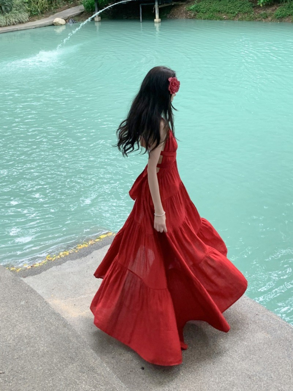 Váll nélküli strandruha, V-nyakú, hát nélküli, hosszú pántos szoknya, pamut-poliészter keverék